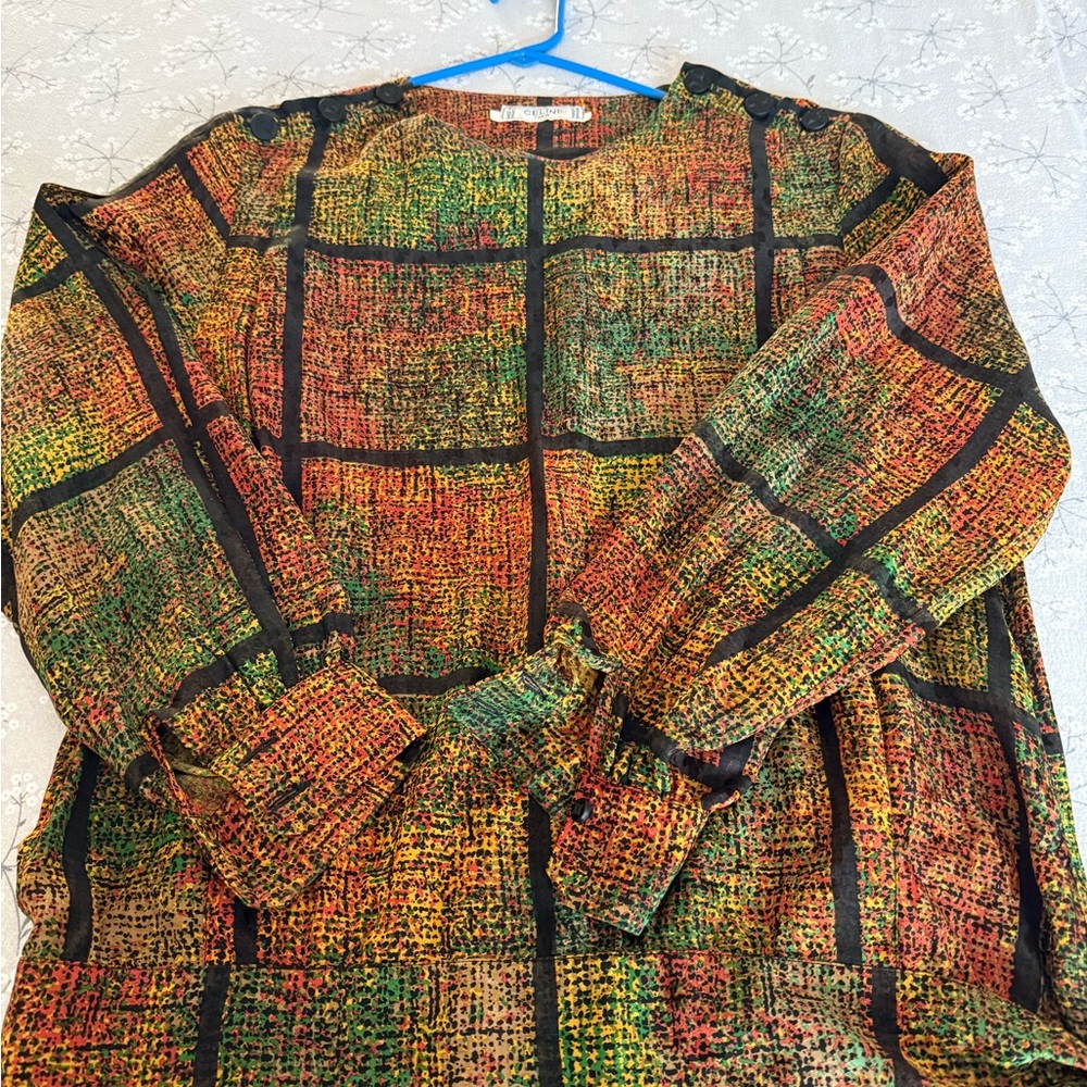 Celine multi colored 100% silk blouse w/ Black triumphs working buttons SZ 46 - Picture 4 of 10